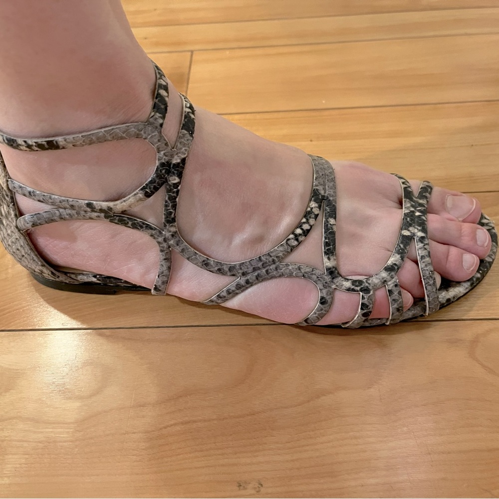 Jimmy Choo snake print leather flat strappy sandal, size 37.5